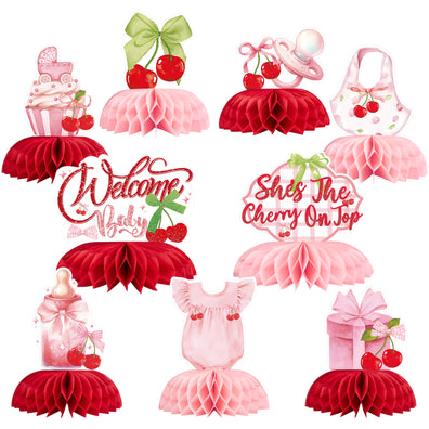 Cherry Party Decorations, Pink Bow and Cherry Honeycomb Centerpieces for Girls